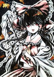  1girl ascot bow breasts brown_hair commentary_request detached_sleeves frilled_bow frilled_hair_tubes frills gohei hair_bow hair_tubes hakurei_reimu holding holding_gohei ikeda_ruriko long_hair looking_at_viewer open_mouth red_bow red_eyes red_skirt skirt skirt_set small_breasts smile solo touhou yellow_ascot 