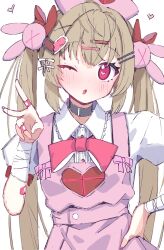  1girl alternate_hairstyle apron bandaged_wrist bandages black_choker broken_heart broken_heart_hair_ornament brown_hair choker cowboy_shot hair_ornament hairclip hand_on_own_hip hat heart heart_print highres long_hair looking_at_viewer morumoru_x natori_sana natori_sana_(nurse) nurse_cap one_eye_closed parallel_hairclips pink_apron puffy_short_sleeves puffy_sleeves rabbit_hair_ornament sana_channel short_sleeves solo twintails v virtual_youtuber white_background 