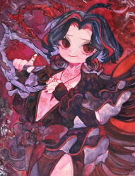  1girl ahoge black_dress bow closed_mouth dress drill_hair flower frilled_sleeves frills highres limbus_company looking_at_viewer low_twintails mochigome_138 multicolored_hair nicolina_(project_moon) oversized_object parted_bangs project_moon red_bow red_eyes red_flower red_nails red_rose red_streaks red_theme red_trim rose scissors side_slit sidelocks smile solo streaked_hair string string_of_fate twin_drills twintails 