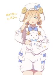  1girl aqua_eyes blue_bow blue_bowtie blush bow bowtie commentary_request cotton=utopia_(love_live!) countdown cowboy_shot fluffy_clothes hat hat_bow highres hinoshita_kaho horned_hat horns link!_like!_love_live! looking_at_viewer love_live! makki_do open_mouth rubbing_eyes sheep_horns shirt shorts solo translation_request virtual_youtuber white_hat white_shirt white_shorts 