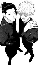  2boys absurdres aiafu_725 blue_eyes closed_mouth commentary_request from_above full_body getou_suguru glasses gojou_satoru greyscale hair_bun hair_pulled_back hand_in_pocket hand_on_own_shoulder highres jujutsu_kaisen jujutsu_tech_uniform looking_at_viewer male_focus monochrome multiple_boys round_eyewear short_hair simple_background smile spot_color standing twitter_username white_background 