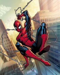  1boy animal_print blue_bodysuit bodysuit building city cityscape clouds dynamic_pose eduardo_mello game_cg highres marvel marvel_snap mask motion_blur multicolored_bodysuit official_art outdoors print_bodysuit red_bodysuit road rooftop ryan_kinnaird scenery silk sky skyline skyscraper solo spider-man spider-man_(series) spider_print spider_web_print superhero_costume two-tone_bodysuit web_shooter 