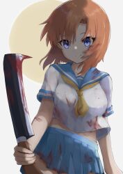  1girl absurdres blood blood_on_clothes blood_on_face blue_eyes chideno highres higurashi_no_naku_koro_ni knife orange_hair pixiv ryuuguu_rena school_uniform serafuku smile solo weapon 