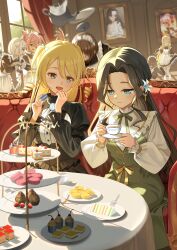  absurdres akamine_yuuna black_hair blue_eyes cake cake_slice closed_eyes couch cup cupcake curly_sidelocks falling flower food fork fruit grey_eyes hair_flower hair_ornament highres holding holding_cup holding_food jewelry kagajou_suzume kokudo_aya kusunoki_mebuki kusunoki_mebuki_wa_yuusha_de_aru macaron miroku_renge miroku_yumiko mn_ver2 multiple_girls necklace pearl_necklace picture_frame pink_hair plate red_eyes strawberry tea teacup tray waitress window yamabushi_shizuku yuusha_de_aru 