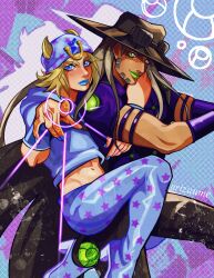  2boys arizuume armband artist_name beanie beard blonde_hair blue_eyes blue_hat blue_hoodie blue_lips blue_nails blue_pants book_cover_redraw brown_cape brown_pants cape closed_mouth commentary cowboy derivative_work english_commentary facial_hair goggles goggles_on_headwear green_eyes green_lips gyro_zeppeli hat highres holster hood hood_down hoodie horseshoe_hat_ornament horseshoe_ornament johnny_joestar jojo_no_kimyou_na_bouken jojo_pose long_hair looking_at_viewer makeup male_focus medium_hair midriff multiple_boys navel pants pink_hair pointing pointing_at_viewer purple_armband purple_shirt recolored shirt short_sleeves smile star_(symbol) star_print steel_ball_(jojo) steel_ball_run toned toned_male wristband 