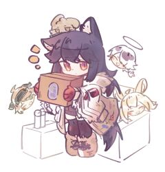 4girls alynachi amiya_(arknights) animal_ear_fluff animal_ears arknights black_thighhighs box brown_shoes cardboard_box chibi chibi_inset choshanland_plushy_(arknights) commentary cow_horns croissant_(arknights) deformed english_commentary exusiai_(arknights) fur-trimmed_sleeves fur_trim grin halo highres holding holding_box horns jacket long_hair multiple_girls notice_lines orange_hair penguin_logistics_(arknights) penguin_logistics_logo red_eyes red_hair shoes simple_background smile solo_focus sora_(arknights) tail texas_(arknights) texas_(winter_messenger)_(arknights) thigh-highs tiptoes visor_cap white_background white_jacket wolf_ears wolf_girl wolf_tail 