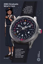  1girl absurdres beret black_hair blue_background blue_dress blue_hat brown_shoes closed_mouth commentary dark-skinned_female dark_skin dress english_commentary english_text full_body hat highres invisible_floor object_focus original shirt shoes short_hair socks solo standing teeth ursa_minor_(constellation) vekllei watch white_shirt white_socks 