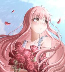  1girl bare_arms bare_shoulders blue_sky blunt_bangs blush bouquet brown_eyes clouds collarbone commentary day dress english_commentary eyelashes falling_petals flower frilled_dress frills highres holding holding_bouquet lens_flare light_particles light_rays lipstick long_hair long_sidelocks looking_to_the_side makeup nikki_(nikki) nikki_(series) nonoberry22 open_mouth outdoors petals pink_hair pink_lips pointy_nose red_flower red_rose rose rose_petals shining_nikki sidelocks sky sleeveless sleeveless_dress solo sunlight surprised upper_body very_long_hair wavy_hair white_dress 