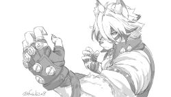  1boy absurdres animal_ear_fluff animal_ears bicep_strap black_gloves body_fur closed_mouth commentary fingerless_gloves furry furry_male fuusuke_(fusuke208) gloves greyscale hair_between_eyes highres male_focus monochrome muzzle_(mask) shirt simple_background sleeves_rolled_up solo twitter_username untranslatable_commentary upper_body von_lycaon white_background white_fur white_shirt wolf_boy wolf_ears zenless_zone_zero 