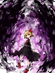  1girl ascot black_skirt black_vest blonde_hair collared_shirt commentary darkness full_body hair_ribbon highres loafers long_sleeves looking_at_viewer myui17901139 red_ascot red_eyes red_ribbon red_shoes ribbon rumia shirt shoes short_hair skirt skirt_set socks solo torn_clothes torn_skirt touhou umbrakinesis vest white_shirt white_socks 