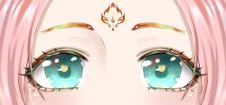  1girl aqua_eyes close-up colored_eyelashes commentary english_commentary eye_focus eyeliner facial_mark flower_facial_mark flower_symbol forehead forehead_mark light_blush looking_at_viewer makeup nikki_(series) nonoberry22 pink_hair red_eyeliner shining_nikki solo straight-on sun_crows_descend_(shining_nikki) 