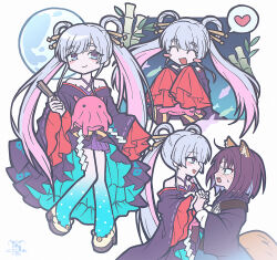  2girls animal_ears bamboo blue_eyes blush cho_kaguya-hime! colored_extremities colored_inner_hair commentary fox_ears fox_girl fox_tail hair_rings hand_fan holding holding_fan holding_hands interlocked_fingers long_hair moon multicolored_hair multiple_girls open_mouth runami_yachiyo sakayori_iroha simple_background sleeves_past_fingers sleeves_past_wrists sumi_ringo tail twintails untranslatable_commentary white_background white_hair yuri 