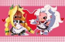  2others ;) absurdly_long_hair absurdres alternate_costume alternate_hairstyle ananas_dragon_cookie angry apron asymmetrical_bangs axe bad_id bad_lofter_id bare_arms black_dress black_sclera black_shoes blonde_hair border bow bowtie braid buttons chibi chibi_only chinese_commentary closed_mouth colored_eyelashes colored_sclera colored_skin colored_tongue commentary_request cookie_run cookie_run:_ovenbreak curtained_hair double-sided_axe dragon_horns dragon_tail dress enmaided facial_mark food-themed_hair forked_tongue frilled_apron frills frown full_body geruideyundongxie gradient_tail green_bow green_bowtie green_horns green_tail green_tongue hair_bow hand_up heart high_ponytail highres holding holding_mop holding_plate horns humanization juliet_sleeves letterboxed long_dress long_hair long_sleeves looking_at_viewer low_twin_braids maid maid_apron maid_headdress mary_janes medium_dress mop multiple_others no_nose one_eye_closed other_focus outline outside_border outstretched_arm petticoat pink_background pink_skin pitaya_dragon_cookie plaid_border plate pointy_ears ponytail puffy_short_sleeves puffy_sleeves red_bow red_bowtie red_tail shoes short_sleeves simple_background sleeve_cuffs smile standing standing_on_one_leg tail teapot thigh-highs tongue tongue_out traditional_bowtie tsurime twin_braids two-tone_tail v-shaped_eyebrows very_long_hair waist_apron white_apron white_eyelashes white_eyes white_hair white_outline white_thighhighs yellow_eyes zettai_ryouiki 