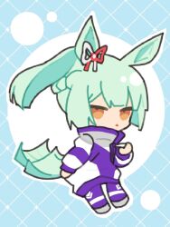  1girl adjusting_clothes animal_ears aqua_hair blue_background blue_jacket blue_pants blunt_bangs braid brown_eyes bubble chibi collared_jacket commentary_request ear_ribbon frown fujimasa_march_(umamusume) grey_shoes grid_background half_up_braid high_collar high_ponytail highres horse_ears horse_girl horse_tail jacket kasamatsu_tracen_training_uniform long_hair long_sleeves multicolored_jacket open_mouth osaya3333 outline pants ponytail puffy_long_sleeves puffy_sleeves red_ribbon ribbon shoes single_stripe solo standing striped_sleeves sweatpants tail triangle_mouth two-tone_jacket two-tone_ribbon umamusume umamusume:_cinderella_gray unamused white_jacket white_outline white_ribbon zipper zipper_pull_tab 