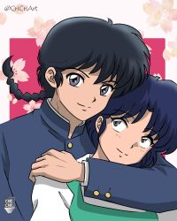  1boy 1girl black_hair blue_hair braid closed_mouth crispslyn floral_background fuurinkan_high_school_uniform grey_eyes hand_on_another's_shoulder hashtag-only_commentary hetero highres looking_at_viewer pink_background ranma_1/2 saotome_ranma school_uniform short_hair single_braid smile split_mouth tendou_akane 