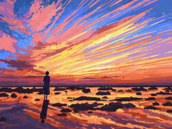  1girl chinese_commentary clouds cloudy_sky colorful commentary_request dress evening fangpeii from_behind full_body highres horizon long_dress original outdoors reflection reflective_liquid rock scenery short_hair signature silhouette sky sky_focus solo standing 