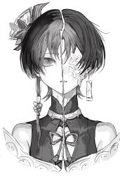  1boy alternate_costume bare_shoulders blunt_ends chinese_knot cleavage_cutout clothing_cutout earrings eyelashes flower flower_over_eye frana20103 genshin_impact greyscale hair_flower hair_ornament hashtag-only_commentary highres jewelry long_single_sidelock looking_at_viewer male_focus mandarin_collar monochrome neck_ring off_shoulder open_mouth portrait scaramouche_(genshin_impact) sketch solo split_image straight-on tsurime white_background 