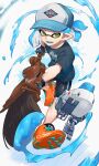  1boy autobomb_(splatoon) black_shirt blue_hair blue_headwear fangs green_eyes hat highres holding holding_brush inkling inkling_boy jinkobanana leg_warmers octobrush_(splatoon) open_mouth orange_footwear paint paintbrush pointy_ears ponytail shirt shoes short_hair solo splatoon_(series) white_background 