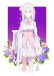  1girl bare_shoulders braid crown_braid dress elf emilia_(re:zero) flower gem green_gemstone grey_hair hair_flower hair_ornament hair_ribbon highres kym1 long_hair looking_at_viewer pointy_ears purple_ribbon re:zero_kara_hajimeru_isekai_seikatsu ribbon rose smile solo violet_eyes white_flower white_hair white_rose x_hair_ornament 