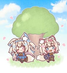  2girls :d ;) absurdres animal_ears black_thighhighs blazer blue_eyes blue_hair blue_hairband blue_jacket blue_shirt blue_skirt blue_sky blue_socks blush_stickers bow briefcase brown_hair brown_shoes cherry_blossoms chibi closed_mouth clouds commentary_request day dog_ears dog_girl dog_tail fake_horns fang fuwawa_abyssgard hair_between_eyes hair_ornament hairband hairclip highres holding hololive hololive_english horns jacket mitarashi_neko mococo_abyssgard multicolored_hair multiple_girls one_eye_closed outdoors petals pink_eyes pink_hair pink_hairband plaid_clothes plaid_skirt pleated_skirt school_briefcase school_uniform shirt shoes siblings sisters skirt sky smile socks streaked_hair tail thigh-highs tree twins two_side_up virtual_youtuber yellow_bow 