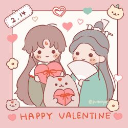  2boys :3 animalization bingpup_(renzha_fanpai_zijiu_xitong) black_hair black_hanfu blush border box brown_hair cat chibi chibi_only chinese_clothes closed_mouth commentary_request dated dog facial_mark flower green_hanfu half_updo hand_fan hanfu happy_valentine heart heart-shaped_box heart_facial_mark holding holding_box holding_fan layered_sleeves long_hair long_sleeves looking_at_viewer luo_binghe male_focus multiple_boys parted_bangs person_and_animalization pink_border puttonyos3 red_ribbon renzha_fanpai_zijiu_xitong ribbon ribboned_xiao_guan shen_qingqiu smile solid_circle_eyes twitter_username upper_body valentine very_long_hair white_background wide_sleeves wolf_cut yellow_flower zuiyin 