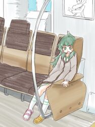  1girl asymmetrical_footwear commentary_request crocs dress green_eyes green_hair highres hiyajou_maho jacket_over_dress kneehighs long_hair long_sleeves mismatched_footwear motion_blur okabe_rintarou open_mouth sadarann science_adventure sitting socks solo steins;gate steins;gate_0 surprised train_interior waking_up white_socks wide-eyed 