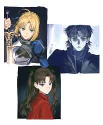  1boy 2girls ahoge armor artoria_pendragon_(fate) black_background black_bow black_hair black_jacket black_sweater blonde_hair blue_background blue_dress blue_eyes border bow braid braided_bun breastplate brown_hair closed_mouth dress empty_eyes excalibur_(fate/stay_night) fate/stay_night fate_(series) floating_hair from_side green_eyes grey_armor grey_eyes hair_bow hair_bun half-closed_eyes hand_up hashtag-only_commentary holding holding_sword holding_weapon jacket juliet_sleeves kotomine_kirei long_hair long_sleeves looking_at_viewer multiple_girls open_clothes open_jacket open_mouth pale_skin parted_bangs potienotforty puffy_sleeves red_sweater saber_(fate) short_hair simple_background sparkle sweater sword tohsaka_rin turtleneck turtleneck_sweater two_side_up upper_body wavy_hair weapon white_border 