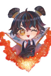  1girl :3 black_gloves black_hair collared_shirt double_bun fire gloves gold_trim hair_bun highres jacket library_of_ruina liu_association_south_uniform medium_hair mei_(project_moon) mochigome_138 necktie one_eye_closed open_mouth painting_(medium) project_moon red_jacket red_necktie shirt smile solo traditional_media watercolor_(medium) white_shirt yellow_eyes 