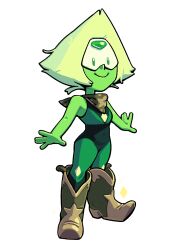  1girl alien blonde_hair boots colored_skin covered_navel cowboy_boots discount-supervillain face_shield forehead_jewel full_body gem gem_(steven_universe) green_skin homeworld_gem_uniform leotard peridot_(steven_universe) petite short_hair simple_background smile solo steven_universe triangle-shaped_hair 
