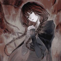  1girl abstract_background baizecha316 black_cloak black_dress braid brooch chromatic_aberration cloak closed_eyes commentary_request dress fata_morgana_no_yakata floating_hair grey_background highres jewelry long_hair long_sleeves morgana_(fata_morgana_no_yakata) pale_skin parted_lips praying red_background red_hair solo twin_braids upper_body 