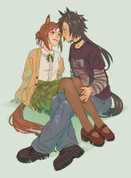  2girls air_shakur_(casual)_(umamusume) air_shakur_(umamusume) animal_ears asymmetrical_bangs baggy_pants black_choker black_hair black_nails black_shirt black_shoes blue_pants bow bowtie brown_hair brown_pantyhose brown_shoes butch/femme_couple buttons cardigan chain chain_necklace choker closed_mouth clover_hair_ornament collared_shirt commentary_request couple denim dress_shirt expressionless eye_contact eyelashes face_piercing fine_motion_(casual)_(umamusume) fine_motion_(umamusume) forehead_piercing frilled_shirt_collar frills full_body grass green_bow green_bowtie green_eyes green_skirt grey_background grey_sleeves hair_between_eyes hair_bun hair_ornament hand_on_another's_leg happy high_heels horse_ears horse_girl horse_tail jeans jewelry layered_sleeves light_blush long_hair long_sleeves looking_at_another mary_janes miniskirt multicolored_hair multiple_girls nail_polish necklace on_ground open_cardigan open_clothes oso_limon pale_skin pants pantyhose piercing plaid_clothes plaid_skirt platform_shoes pleated_skirt pointy_nose print_shirt puffy_long_sleeves puffy_sleeves pumps ring shirt shoes short_hair short_over_long_sleeves short_sleeves sidelocks single_hair_bun sitting sitting_on_lap sitting_on_person skirt sleeves_past_wrists sneakers spanish_commentary streaked_hair striped_sleeves studded_choker t-shirt tail umamusume white_shirt yellow_cardigan yellow_eyes yuri 