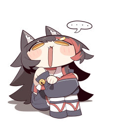  :3 absurdres animal_ear_fluff animal_ears bare_shoulders black_hair cocomayo29_(tomato) commentary_request detached_sleeves fang hair_ornament highres hololive korean_commentary multicolored_hair ookami_mio ookami_mio_(1st_costume) open_mouth red_hair simple_background speech_bubble virtual_youtuber wide_sleeves wolf_ears wolf_girl yellow_eyes 
