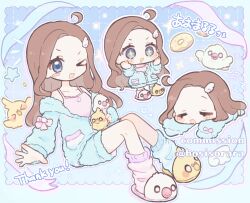  >_o +_+ 1girl :3 :d ;d asymmetrical_footwear asymmetrical_legwear bare_shoulders blue_background blue_eyes blue_jacket blue_outline blue_shorts blue_socks blush_stickers bow brown_hair camisole chibi closed_eyes collarbone commentary_request commission full_body grid_background hair_ornament highres hoshizuki_chimama jacket long_hair long_sleeves looking_at_viewer lying mismatched_footwear mismatched_legwear multiple_views on_stomach one_eye_closed open_mouth original outline pink_bow pink_camisole pink_socks shorts side_ahoge single_blush_sticker sitting skeb_commission sleeve_bow slippers smile socks spaghetti_strap twitter_username white_slippers wing_hair_ornament yellow_slippers 