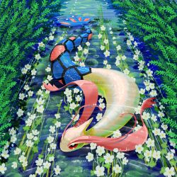  antennae flower hashtag-only_commentary highres milotic no_humans plant pokemon pokemon_(creature) pokemon_focus red_eyes ripples rumiko_(vertlapin96) scales swimming water white_flower 