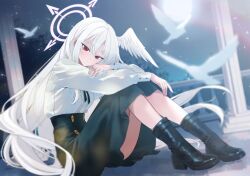  1girl absurdres alternate_costume ankle_boots bird black_boots black_skirt blue_archive boots commentary dove from_side full_moon hair_between_eyes halo head_wings high-waist_skirt highres hugging_own_legs long_hair long_sleeves looking_at_viewer medium_skirt moon pink_halo red_eyes shirt single_head_wing single_wing sitting skirt smile solo suzumi_(blue_archive) tax_(zeita_gundam) white_hair white_shirt wings 