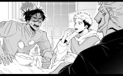  3boys anger_vein angry black_border border bowl choso_(jujutsu_kaisen) commentary_request dori_suki_na eating facial_mark facial_tattoo food greyscale highres holding holding_food hood hood_down hoodie indoors itadori_yuuji jujutsu_kaisen letterboxed long_sleeves looking_at_another male_focus monochrome multiple_boys open_mouth ryoumen_sukuna_(jujutsu_kaisen) scar scar_on_face scar_on_mouth shirt short_hair sitting tattoo twintails undercut 