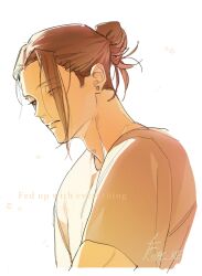  1boy adam's_apple bilingual_commentary closed_mouth commentary_request cropped_torso english_text eyes_visible_through_hair fic_kle getou_suguru grey_shirt hair_bun highres jujutsu_kaisen korean_commentary lips male_focus mixed-language_commentary plug_(piercing) shirt short_hair simple_background single_hair_bun solo twitter_username upper_body white_background 