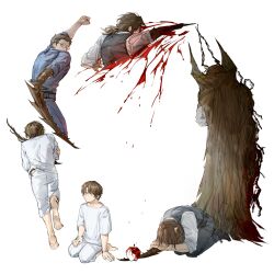  absurdres age_progression aged_down antennae apple arthropod_limbs barefoot black_shoes blood blood_splatter blue_jumpsuit brown_eyes cape child circle food fruit gregor_(project_moon) grey_pants grey_vest hand_on_own_arm highres if_happiness_is_a_circle_(meme) jumpsuit kkolo432271 kneeling limbus_company low_ponytail male_focus meme mystical_high_collar pants ponytail project_moon raised_fist shirt shoes short_hair simple_background sleeves_rolled_up soles the_roach_emperor vest white_background white_pants white_shirt 