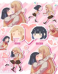  2girls arms_around_neck black_hair blonde_hair blush bow bowtie brown_skirt closed_eyes commentary_request grey_eyes heart highres hoshizora_no_shita hug kiss long_hair medium_hair multiple_girls original pink_background pixel_art pleated_skirt red_bow red_bowtie school_uniform shirt skirt smile sweater_vest watermark white_shirt yellow_eyes yellow_sweater_vest yuri 