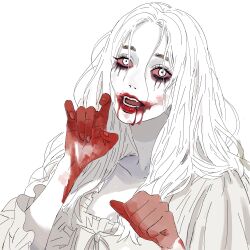  1girl absurdres blood blood_from_mouth blood_on_hands blood_on_mouth bloodshot_eyes colored_sclera dress eyelashes head_tilt highres lipstick looking_at_viewer makeup red_lips red_sclera resident_evil resident_evil_requiem runny_makeup selena_corey simple_background smeared_lipstick solo upper_body virtuware white_eyes white_hair zombie 