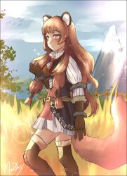  1girl animal_ear_fluff animal_ears ankabatty armored_boots artist_name black_dress blue_sky blunt_bangs boots brown_boots brown_gloves brown_hair clouds cloudy_sky collared_dress commentary cowboy_shot dress elbow_gloves english_commentary fur-trimmed_gloves fur_trim gloves hair_tubes hand_up high_collar highres lake layered_dress leather leather_boots leather_gloves long_hair long_sleeves looking_at_viewer mountain neck_ribbon open_collar outdoors pink_eyes pinstripe_dress pinstripe_pattern raccoon_ears raccoon_girl raccoon_tail raphtalia red_dress red_ribbon ribbon short_dress signature sky sleeveless sleeveless_dress smile solo sparkle standing tail tate_no_yuusha_no_nariagari thigh_boots two-tone_dress watermark wavy_hair white_dress zettai_ryouiki 