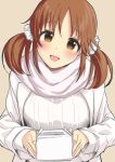  1girl blush box brown_hair coat fingernails ginnote hair_ornament hair_scrunchie head_tilt holding holding_box idolmaster idolmaster_cinderella_girls looking_at_viewer nail_polish scarf scrunchie simple_background smile solo sweater totoki_airi twintails upper_body white_coat white_scarf white_sweater 