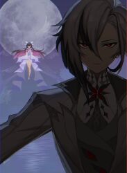  2girls arlecchino_(genshin_impact) black_eyes black_hair closed_mouth coat columbina_(genshin_impact) commentary dress earrings english_commentary full_moon genshin_impact grey_coat grey_hair hair_between_eyes highres jewelry long_hair looking_at_viewer memxcll moon multicolored_hair multiple_girls multiple_wings pink_hair red_pupils streaked_hair symbol-shaped_pupils transparent_wings upper_body white_dress wings x-shaped_pupils 