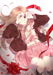  1girl bow brown_eyes brown_hair cardigan commentary feet_out_of_frame from_above hair_spread_out hands_up heart_hands_over_eye large_bow long_hair long_sleeves looking_at_viewer looking_up lying midriff_peek miniskirt on_back one_eye_covered open_cardigan open_clothes original parted_lips pink_sailor_collar pink_serafuku pink_shirt pink_skirt pleated_skirt ponytail red_bow red_cardigan red_ribbon ribbon sailor_collar school_uniform serafuku shirt skirt solo untranslatable_commentary unya_(unya-unya) yellow_bow 