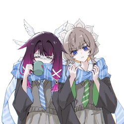  2girls alternate_costume black_hair blue_eyes blue_scarf brown_hair brown_sweater chinese_commentary closed_eyes columbina_(genshin_impact) commentary_request cup eye_mask genshin_impact hair_ribbon hand_up hands_up head_wings highres holding holding_cup long_hair long_sleeves mask mug multicolored_hair multiple_girls necktie parted_lips purple_hair ribbon rio_(user_kzxp8757) sandrone_(genshin_impact) scarf shared_clothes shared_scarf shirt simple_background streaked_hair striped_clothes striped_necktie sweater two-tone_hair upper_body white_background white_ribbon white_shirt white_wings wings 