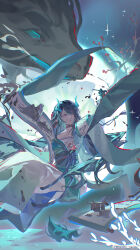  1girl absurdres alternate_costume arknights black_hair chinese_commentary colored_skin commentary_request dragon_girl dragon_horns dusk_(arknights) green_hands green_horns green_skin hair_over_one_eye highres horns li_huo_wang_mei_re_ren_he_ren long_hair multicolored_hair pointy_ears red_eyes solo streaked_hair 