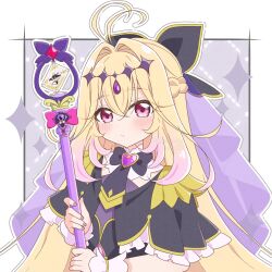  1girl antenna_hair black_bow black_bowtie black_capelet blonde_hair bow bowtie capelet chest_jewel closed_mouth cure_arcana_shadow expressionless eyelashes frilled_capelet frills gradient_hair grey_nails hair_between_eyes hair_bow hair_intakes highres holding holding_wand light_blush long_hair magical_girl meitantei_precure! moria_luluka multicolored_hair pink_eyes pink_hair precure sizuki_haru solo sparkle sparkle_hair_ornament two-tone_hair upper_body very_long_hair wand white_wrist_cuffs wrist_cuffs 