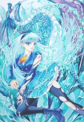  1girl aqua_hair aqua_skirt aqua_theme ascot black_thighhighs blazer blue_background blue_eyes blue_jacket boots ceres_(rayearth) collared_shirt commentary_request dragon floating_hair foot_out_of_frame highres holding holding_sword holding_weapon inukiman8169 jacket lace-up_boots layered_sleeves long_hair long_sleeves looking_at_viewer magic_knight_rayearth marker_(medium) miniskirt murano_sayaka murano_sayaka_(eisprinzessin) open_mouth petticoat pleated_skirt ryuuzaki_umi shirt skirt solo straight_hair sword thigh-highs torn_clothes torn_sleeves torn_thighhighs traditional_media very_long_hair water_drop weapon white_shirt yellow_ascot 