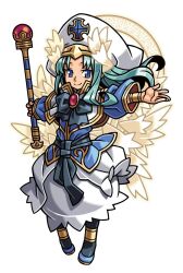  1girl angel angel_wings anklet aqua_hair black_bow black_bowtie black_ribbon black_socks blue_eyes blue_shirt blue_shoes bow bowtie bracelet capelet closed_mouth energy_ring feathered_wings floating_hair gold_trim harakawa_mitsuhiro hat head_wings holding holding_staff jewelry kneehighs light_smile long_hair middle_part multiple_wings official_art outstretched_arms ribbon rimuriel shinrabanshou shirt shoes skirt socks solo spread_arms staff third-party_source transparent_background waist_ribbon white_capelet white_hat white_skirt wings 