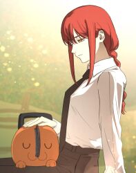  1girl black_necktie braid braided_ponytail breasts chainsaw_man commentary_request korean_commentary lens_flare light_smile makima_(chainsaw_man) medium_breasts necktie on_lap orange_eyes petting pochita_(chainsaw_man) red_hair sawgak shirt sidelocks single_braid white_shirt 